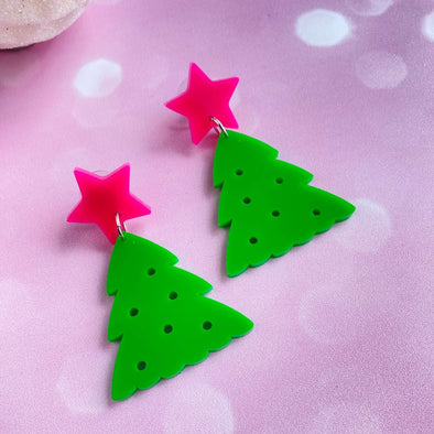 Pink and Green Christmas Tree Statement Earrings